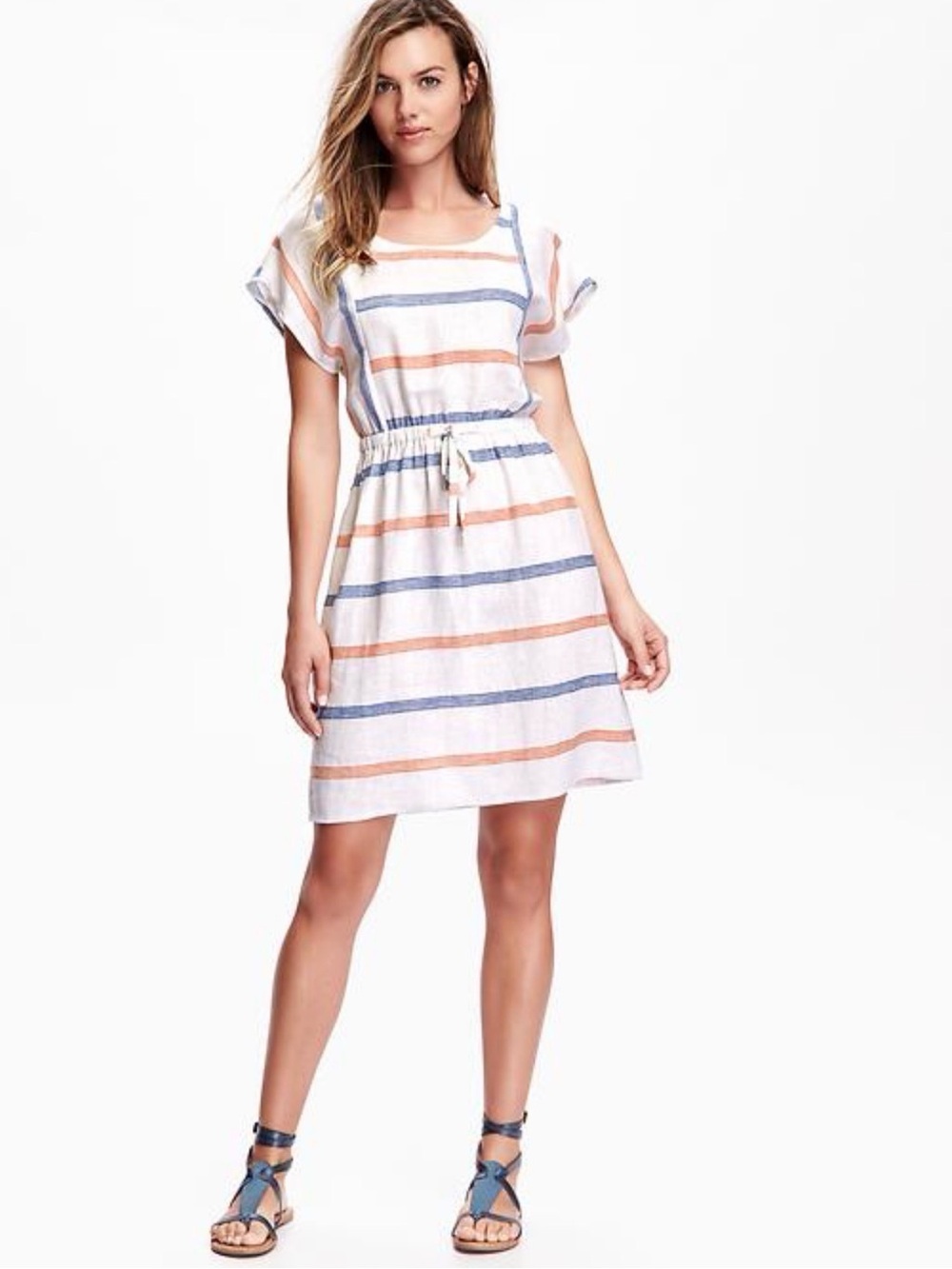 Old Navy Linen Midi Striped Shift Dress XL Cap sleeve Spring Summer
